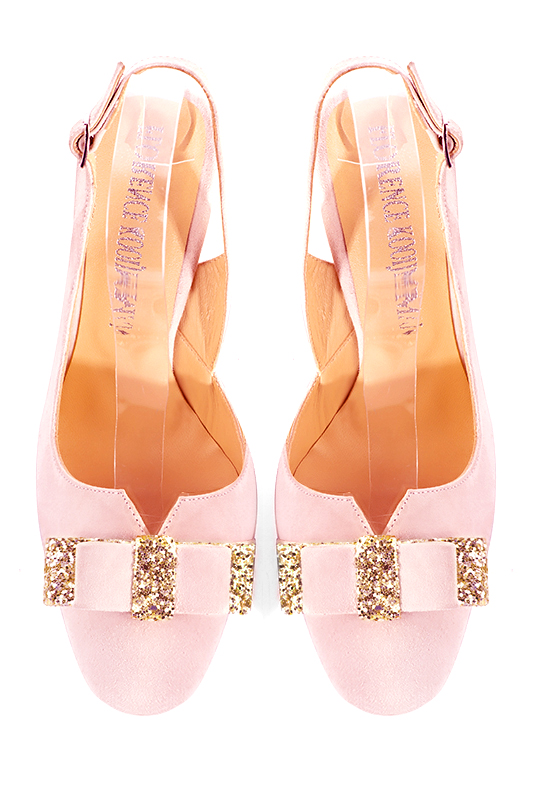 Light pink and gold women's open back shoes, with a knot. Round toe. Very high slim heel. Top view - Florence KOOIJMAN